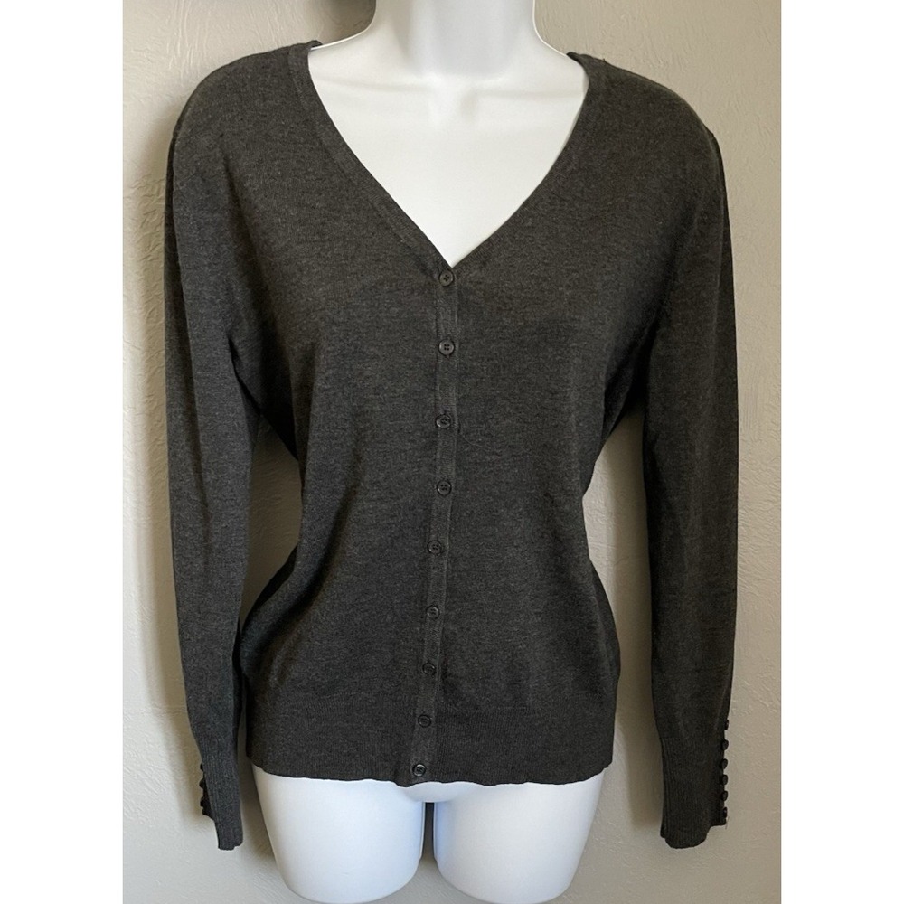 Active USA Cardigan Sweater Womens Large Gray Long Sleeve V-Neck Button Front